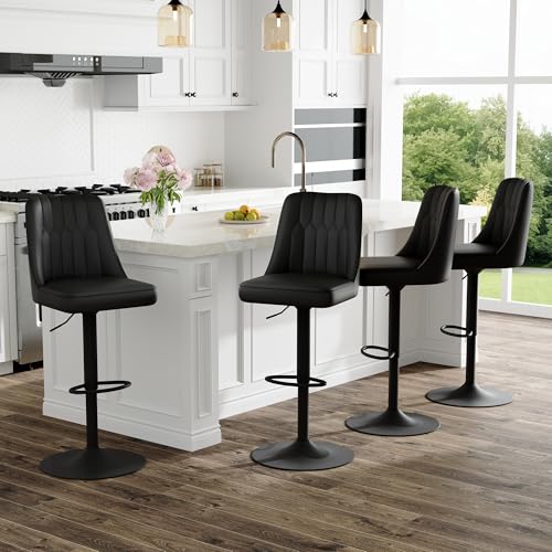 Image of Swivel Bar Stools Set of 4 - Black Barstools with Back,Adjustable Counter Height Bar Stools with Sturdy Metal Legs,Leather Counter Height Stools Ideal for Kitchen Island Pub(25''-33''H)