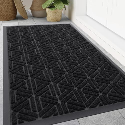 Smiry Front Door Mat Outside Entrance, Heavy Duty Natural Rubber Doormat, Trap Dirt and Moisture Easy Clean Low Profile Patio Porch Welcome Floor Mats for Entry, 59x35 Inch, Black