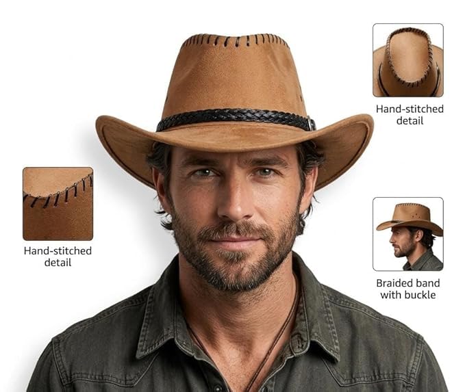 Image of Western Cowboy Hat for Men & Women | Classic Western Style Hat with Braided Band | Lightweight & Comfortable | Outdoor, Party & Travel Wear | Tan