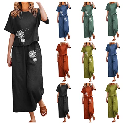 2 Piece Outfits for Women Linen Summer Short Sleeve Crewneck Dandelion Printed Graphic Tops Loose Pants Suits Light Green