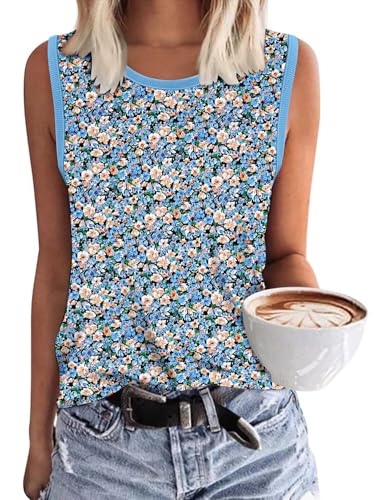 KISSMODA Womens Flora Print Tank Tops Ribbed Summer Shirt Sleeveless Summer Casual Women Blouses(S-3XL)