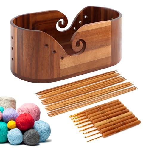 Image of DIY Yarn Bowl Set, with Crochet Hook and Sew Needles Wooden Yarn Bowls for Knitting and Crochet, Large Crochet Yarn Holder Bowl(Brown)