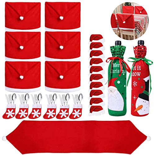 25PCS Christmas Dinnerware Set for 6 Kitchen Dinner Table Decorations Santa Claus Hat Table Runner Chair Back Covers Wine Bottle Cover Bags Cutlery Bags for Xmas Party Table Decor