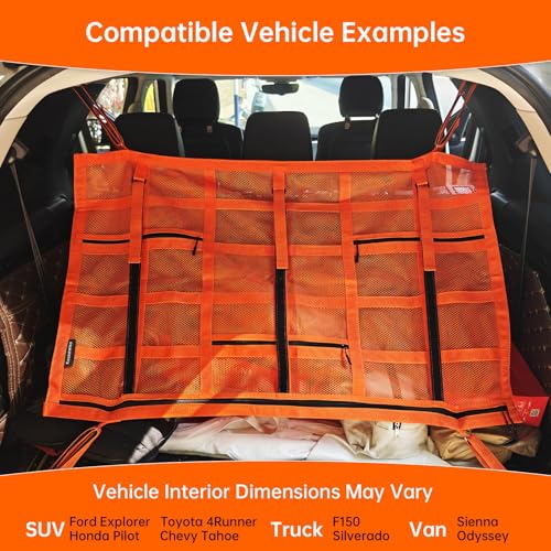 Extra Large Car Ceiling Cargo Net 39.3" x 23.6" for SUV,Truck & Van,Double Layer Roof Storage Organizer with Adhesive Straps,Overhead Mesh Holder for 4 Handle Vehicles,Camping Travel,Orange by Kaskawise - Image 4