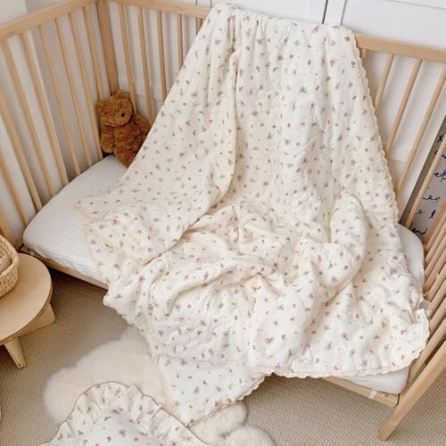 Image of BuLuTu Muslin Cotton Children Quilt for Todder /Twin Bed, Chic Shabby Pink Floral Sheep Design Kids Comforter Girls Boys Quilted Blankets for All Seasons, Soft Breathable, 60x78 Inches