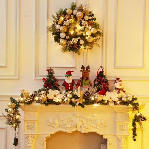 6FT Pre-Lit Christmas Garland, Xmas Garland with 20 Led Lights & Timer for Mantle Staircase Table, Winter Garland with Ribbon, Xmas Balls, Snowflake, Battery Operated, Gold