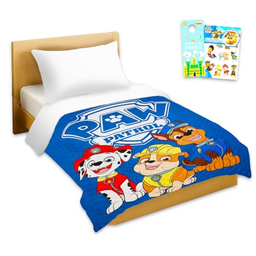 Paw Patrol Bedspread Twin Set for Kids - Bundle with Quilted Bedspread for Twin Bed Plus Stickers More | Paw Patrol Twin Bedding Set for Boys Girls