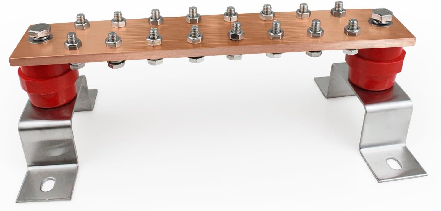 Copper Ground Busbar Kit, 7.87"x2.36"x 0.15" Copper Ground Bus Kit, 10 Terminal Positions and SM40 Insulators