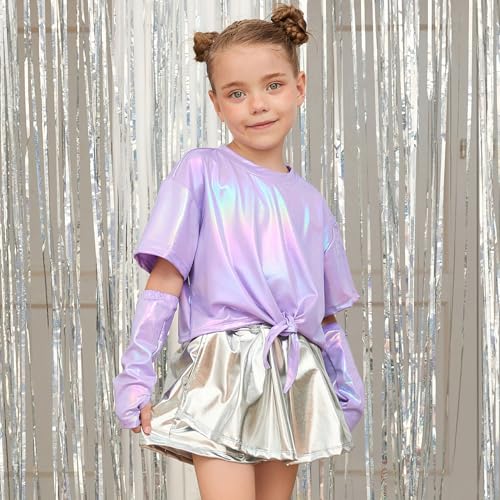 Image of Perfashion Girls Metallic Shirts Shiny Tie Front Knot Crop Top with Arm Sleeves for Dancing Raves Festivals 4-15 Years