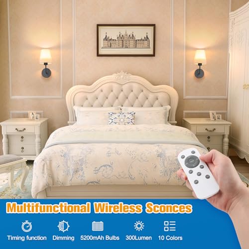 Image of NIORSUN 13.8 inch Battery Operated Wall Sconce Set of 2,Black Rechargeable Wall Lights with 10400mAh Dimmable Detachable Bulbs and Remote,9 Colors Wireless Sconces for Bedroom Living Room Hallway