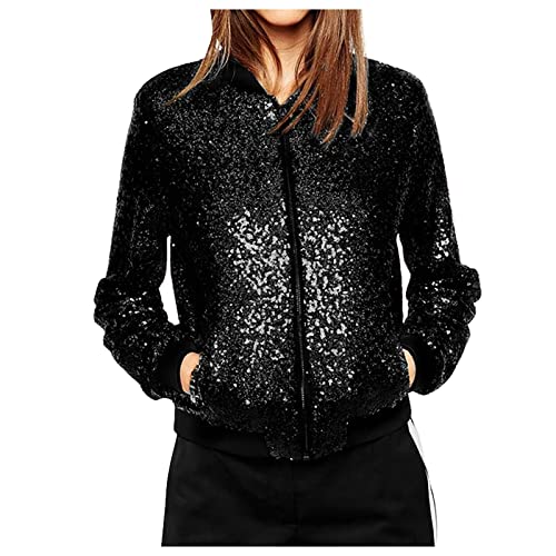 Duohropke - Chaqueta de mujer con lentejuelas brillantes, manga larga, estilo bomber, chaqueta de vuelo, chaqueta de motociclista, ropa de exterior, Negro , XXL