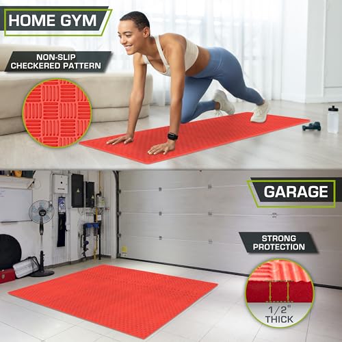 Image of ProsourceFit Exercise Puzzle Mat -inch, Checkered EVA Foam Floor Tiles w /Non-Slip Texture, Interlocking Design for Adjustable Gym Surfaces, Shock Absorbing, Red, 24 Sq Ft - 6 Tiles