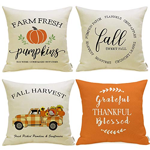 Meekio Fall Decorations For Home Set Of 4 Fall Pillow Covers 18 X 18 Buffalo Check Truck Quote Cushion Covers For Fall Decor Thanksgiving Gifts #TOP13