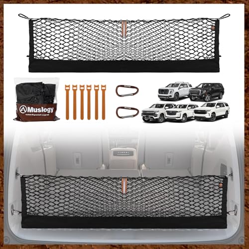 Muslogy Truck Bed Cargo Net Trunk Netting Compatible with 2021-2026 Chevy Suburban&Tahoe|GMC Yukon&Yukon XL| Escalade Accessories, Pickup Cargo Organizer SUV Sedan Storage Net w/Heavy Duty Carabiners