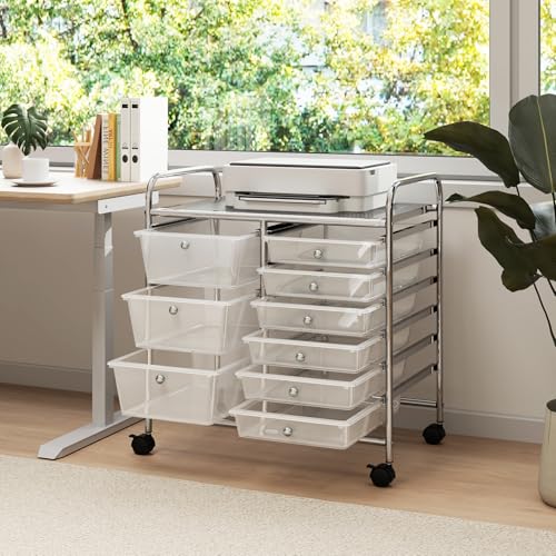 Image of LDAILY 9 Drawer Rolling Storage Cart, Rolling Cart with Drawers for Classroom, Art Supply Craft Organizer on Wheel with Metal Frame & Handles for Home Office School