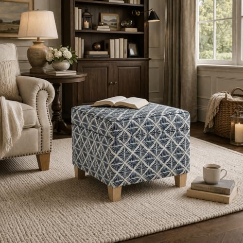 Image of HomePop 18 inch Classic Square Storage Ottoman - Blue Geometric Pattern