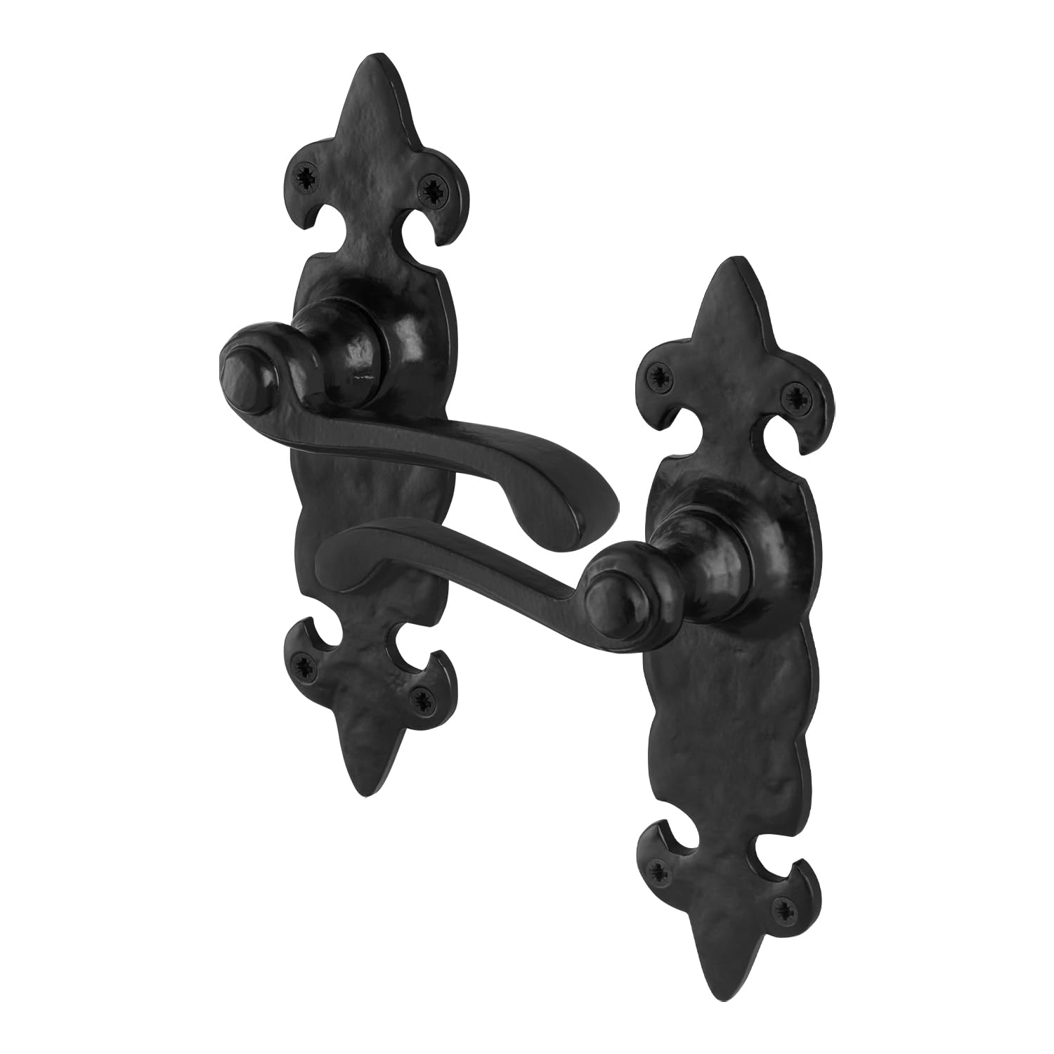 EAI Black Fleur De LYS Black Antique Door Handles Latch, 1 Pair of Cast Iron Internal and External Door Handles on Backplate