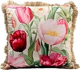 Kare Design Kissen Tulips, Mehrfarbig, 45x45 cm, Abnehmbarer Bezug mit Reißverschluss, Motiv Blumen, Mit Fransenkanten, Dekokissen inklusive Füllung, Zierkissen, Sofakissen