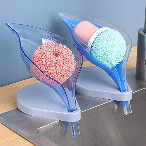 URBAN LUXYLeaf Drainage Soap Stand Holder Box Plastic Soap Dishes Self Draining Case Container with Drain and Suction Cup for Bathroom Kitchen (Multi Color,Set of 1 Leaf)