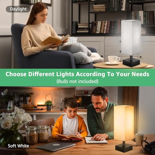 Image of DEGNJU Small Bedside Lamp, Mini Minimalist Table Lamp with Square Flaxen Fabric Shade, 11 Inch Desk Reading Lamp for Bedroom, Living Room, Office, 2 Pack