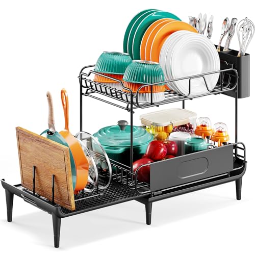 Dish-Drying-Rack-for-Kitchen-Counter-Expandable-2-Tier-Dish-Rack-Large-Capacity-Dish-Drainer-with-Drainboard-Multifunctional-Dish-Strainer-with-Removable-Cutlery-Holder-Black Dish Drying Rack for Kitchen Counter, Expandable 2 Tier Dish Rack, Large Capacity Dish Drainer with Drainboard Multifunctional Dish Strainer with Removable Cutlery Holder Black - Image 1
