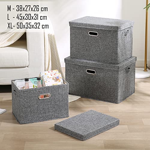 Image of HOKIPO Polyester Linen Multipurpose Storage Bins With Lid For Cupboard, Home And Office, Grey, Medium, Pack Of 2 (Ar4369-M*2)