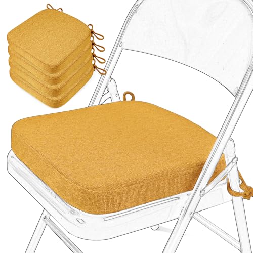 SINOSSO Memory Foam Chair Cushions for Folding Chairs 4 Pack, Thickened 2" Square Pads with Ties for Kitchen Chairs, Indoor Non-Slip Dining Chair Seat Cushions (Set of 4, Yellow)