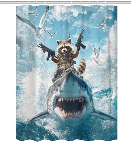 Image of Funny Kids Shower Curtain, Cool Raccoon Riding Shark Ocean Shower Curtains for Bathroom, Fun Nautical Animal Fabric Bathroom Accessories Decor Curtain, with Hooks 72x72 Inch