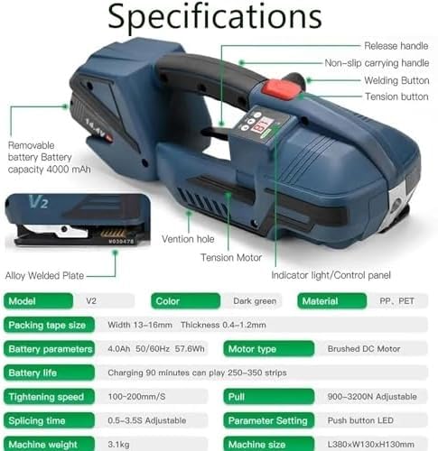 Reggiatrice Elettrica, Reggiatrice Automatica per Reggette in PP PET con Batteria, Kit Tenditore Portatile per Reggette in Cartone per Scatole da Imballaggio(1batteries)