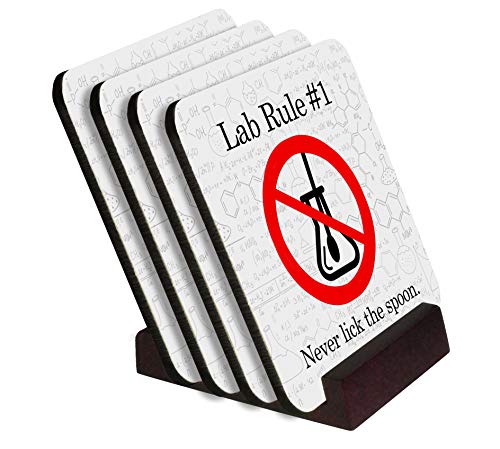Lab Rules 4 Piece Cork-Back Coaster Set - Wood Holder Included