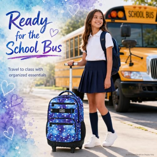 Image of 3Pcs Rolling Backpack for Girls, 19 Inche Women Roller Bag with Wheels for Adults, Wheeled Bookbag with Lunch Box(Blue)