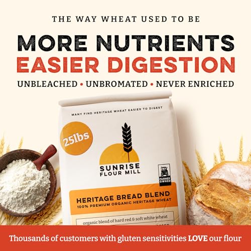 Image of Sunrise Flour Mill Heritage Organic Bread Flour Blend - 25 lbs | Organic Unbleached Bread Flour Easy to Digest with Less Bloating | High Protein, Superior Baking | Smooth, Nutty Flavor