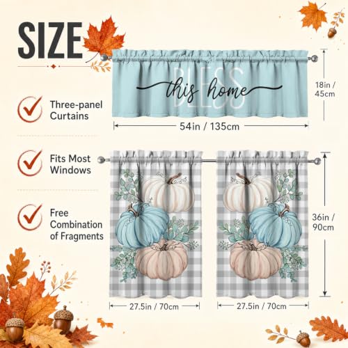 Image of Fall Pumpkin Kitchen Curtains 3 Piece Set Tier Valance | Thanksgiving Kitchen Curtain Set Includes 54x18in Valance and Two 27.5x36in Tier Curtains for Kitchen Window Decor