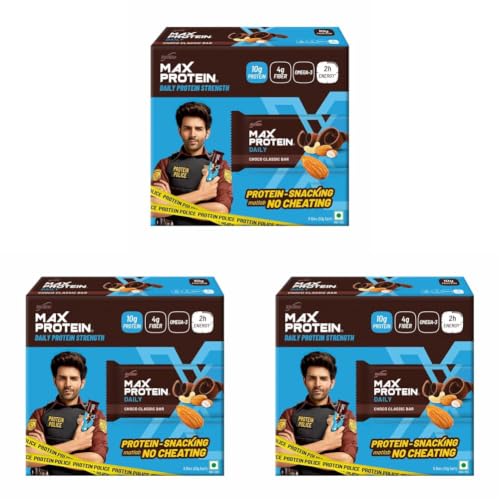 Image of RiteBite Max Protein Daily Choco Classic 10g Protein Bars [Pack of 18] Protein Blend, Fiber, Vitamins & Minerals, No Preservatives, 100% Veg, For Energy, Fitness & Immunity - 300g