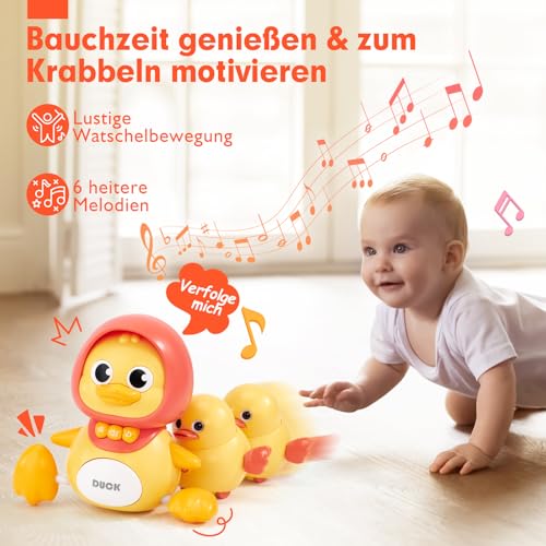 hahaland 3 in1 Entlein,Baby Spielzeug ab 6 8 9 12 Monate mit Licht und Musik,Geschenke für Kinder ab 1 Jahr Jungen Mädchen,Musikalische Spielzeuge,Tummy Time Crawling Toy