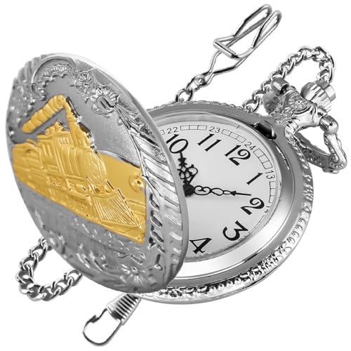 Silver Gold Right Locomotive Quartz Men's Pocket Watch, Arabic Numeral White Dial Pocket Watch with Chain