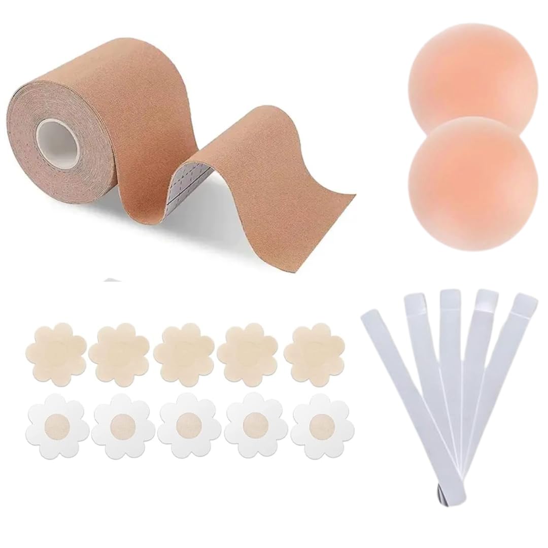 Boob Tape Kit - Instant Boob Tape with 10 Nipple Pasties for Fashion with 36 Strips Double Sided Tape for Clothes &1 Pair Reusable Nipple Cover for Women (Beige)