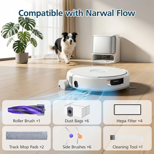 Image of 20-Pack Replacement Parts Accessories for Narwal Flow Robot Vacuum and Mop, Include 1 Zero-Tangling Roller Brushes, 6 Dust Bag, 4 Dust Bin Filters, 2 Track Mop, 6 Side Brushes, and 1 Cleaning Tool