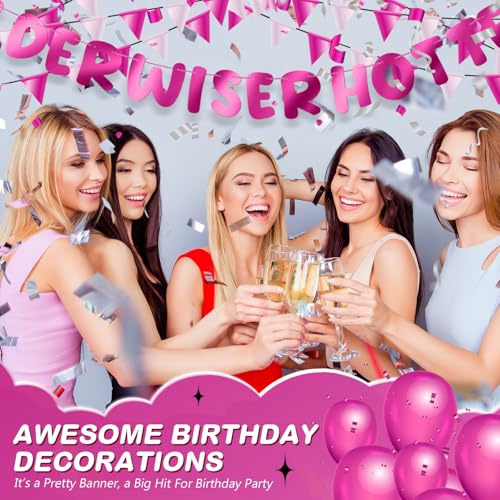 Image of Fulmoon Set of 3 Pre Strung Older Wiser Hotter Glitter Banner Funny Birthday Banner for Women 30th 40th 50th 60th 70th 80th Birthday Party Decorations Sign Gift(Bright Hot Pink)