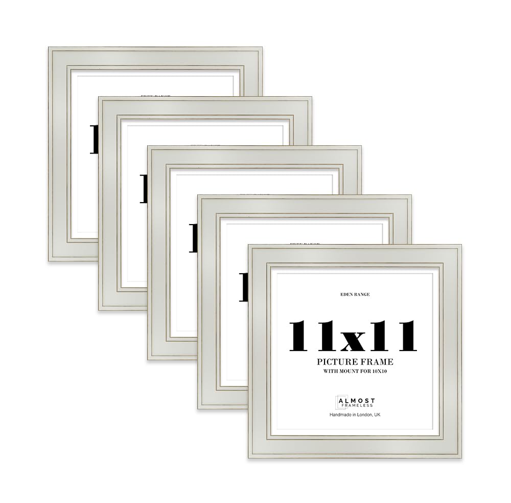 11x11" Light Grey Square Picture Frame with 10x10" Mount - Shabby Chic Photo Frame with Distressed Finish, Gold Trim, Wall Hooks and Kickstand, 37mm Edge - 5 Pack