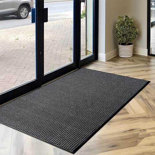 Image of Durable Rubber Door Mat - Heavy Duty, Indoor /Outdoor, Easy Clean, Waterproof, Low-Profile Mat for Entry, Patio, Garage - Stylish (Charcoal, 5' x 3' (Mud Trapper))