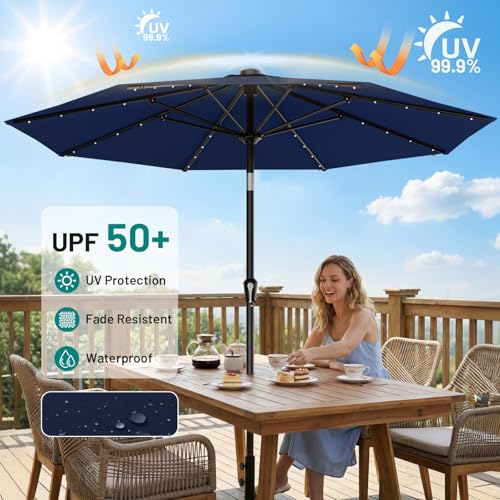 Image of AreShark 9FT Patio Umbrella with Solar Lights, 32 Lighted Pool Umbrella w /Tilt and Crank, Outdoor Market Solar Umbrellas for Garden, Deck, Backyard, Pool and Beach, Navy