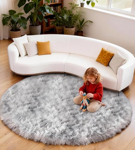 VOFUSHON Teppich Rund 100 cm Hellgrau Waschbar Rutschfester Hochflor Runder Teppich Kinderzimmer Weich Flauschig Rug
