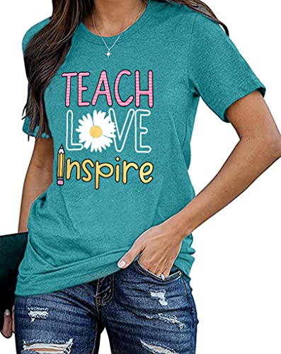 Women's T-Shirt Teaching Kindness Teacher Shirt Funny Short Sleeve Inspirational Graphic Tee Top (Cyan, X-Large) — view 2