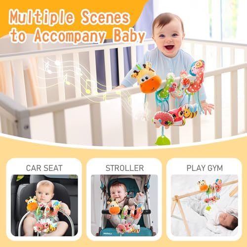 Jollybaby Crib Stroller Car Seat Toys for Baby 0-3-6-9-12 Months, Tummy Time Hanging Sensory Toys for Newborn with Music Box and Teether, Spiral Carseat Toy for Infant Boys Girls Gifts (Yellow) - 3