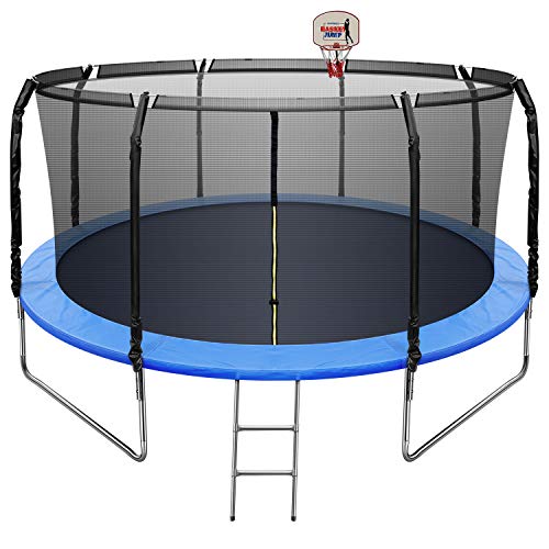 LUKDOF 14FT Trampoline with Basketball Hoop, 5.74FT High Safety Enclosure Net, Ladder, Kids Outdoor Trampoline (Upgraded 1.3mm Steel Tube)