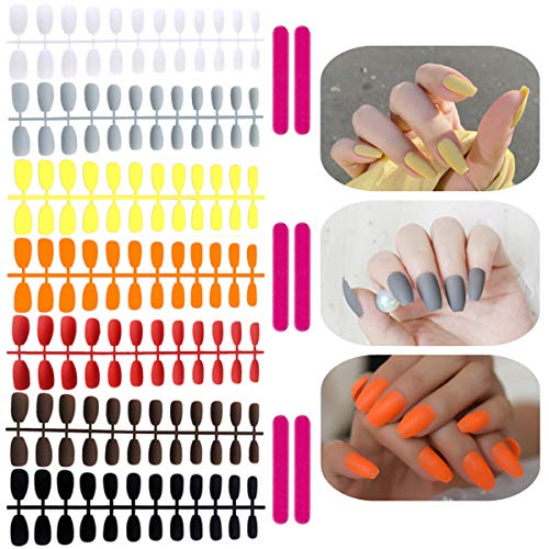 editTime 7sets/168pcs Solid Colors Matte Acrylic Ballerina Coffin False Nails Full Cover Fake Nails Tips Natural Medium False Nail with 6pcs Nail Files (Ballerina False Nails, Hit Color Series)