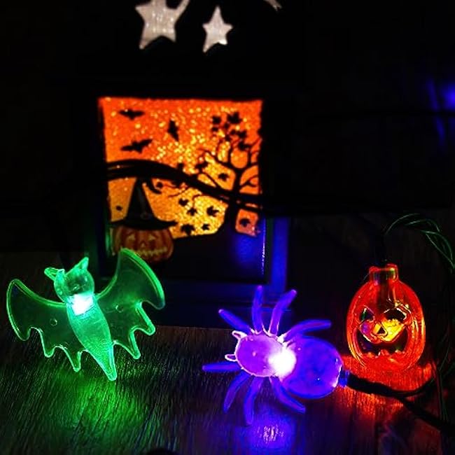 70 LED Pumpkin Bat Spider String Lights - 22.6ft Orange Green Purple Plug in Halloween String Lights with Timing Function, Connectable Lighting for Yard House Party Halloween Decorations