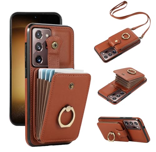 Cover per Samsung Galaxy Note 20 5G con Cordino Laccio Pelle Porta Carte Anello Supporto Protettivo Protezione TPU Silicone Antiscivolo Rinforzata Note20 Custodia Case Marrone