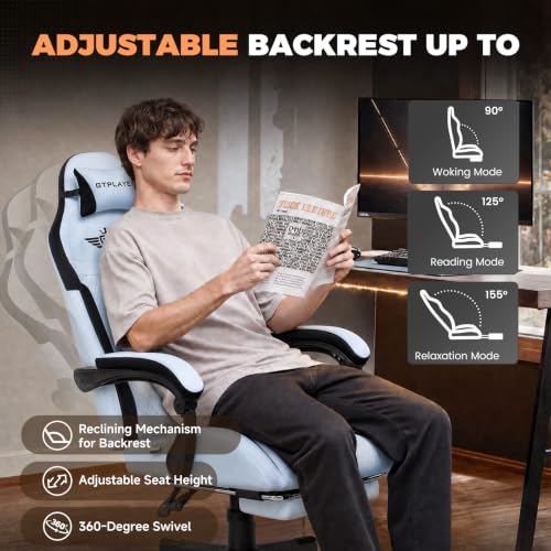Image of GTPLAYER Gaming Chair with Footrest, Ergonomic Office Chair 400lbs Heavy Duty, Big and Tall Computer Desk Chair with Lumbar Support and Headrest, Breathable Plush Fabric, 90-155 Recline Light Blue